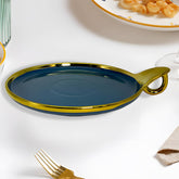 Elegant Blue Round Ceramic Serving Platter – Gold Rim & Hook Handle, 24cm